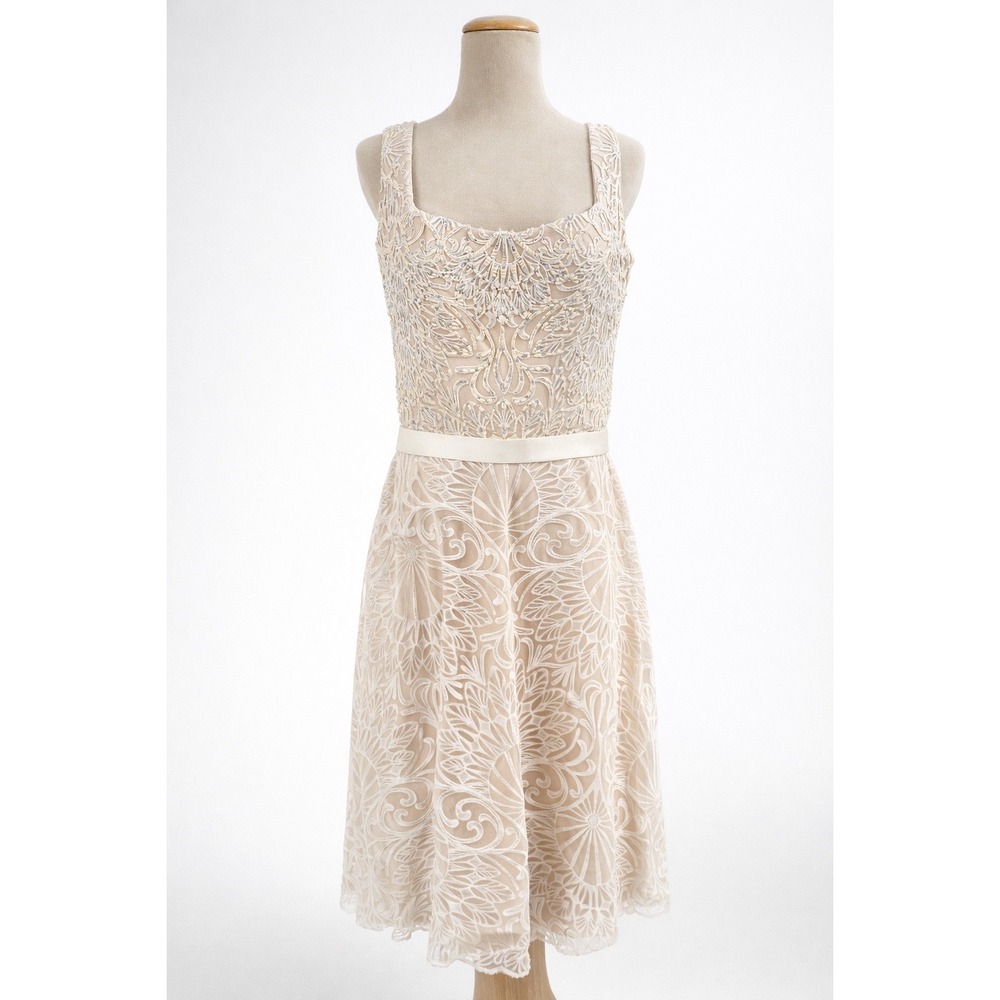 Tadashi Shoji Bridal Ivory Lace Beaded A-Line Cocktail Dress Size 10 Champagne